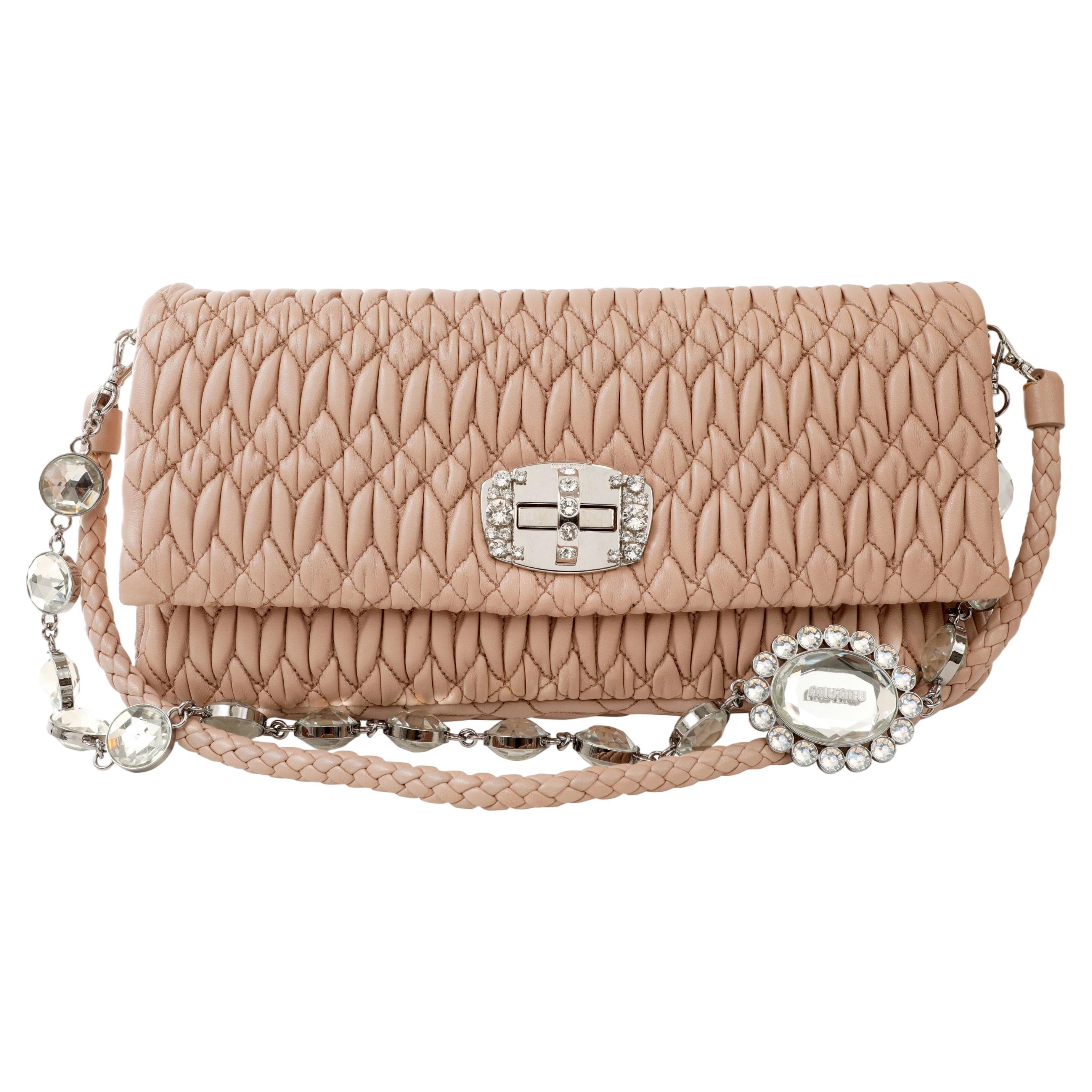 Miu Miu Nude Iconic Crystal Cloquè Small Bag with Silver Hardware For Sale