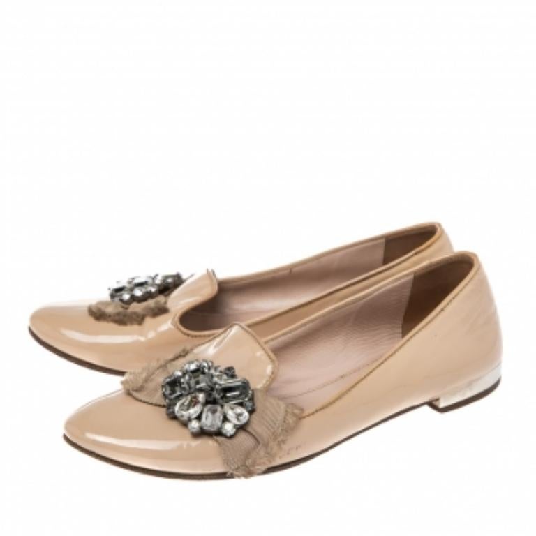 Miu Miu Nude Patent Leather Crystals Bow Ballet Flats Size 37 1