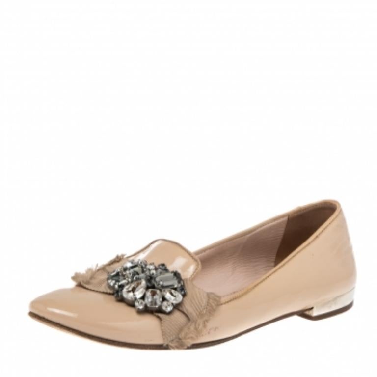 Miu Miu Nude Patent Leather Crystals Bow Ballet Flats Size 37 2