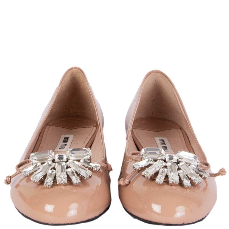 Miu Miu Beige Patent Leather Bow Jeweled Heel Flats Size 37.5 at 1stDibs