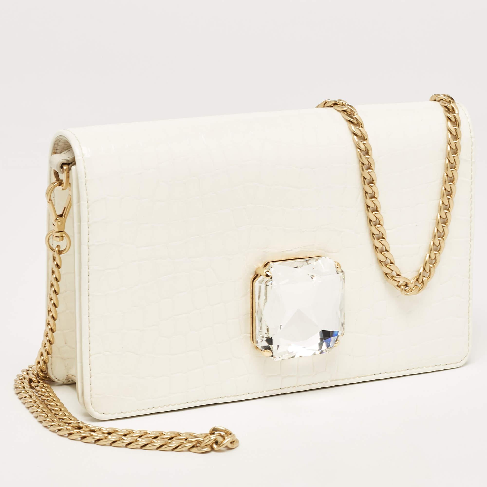 Miu Miu Off White Croc Embossed Leather Crystal Embellished Chain Clutch 6