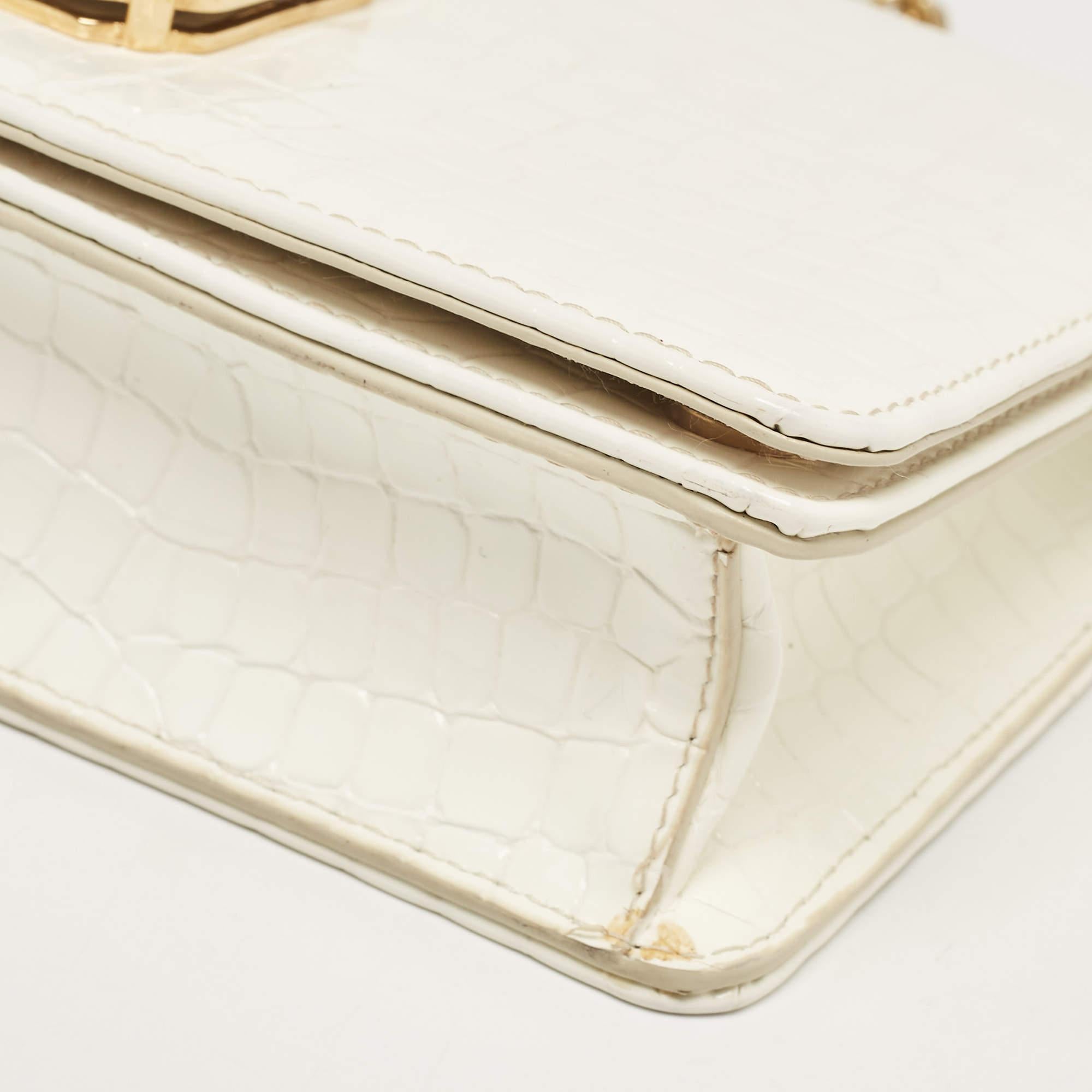Miu Miu Off White Croc Embossed Leather Crystal Embellished Chain Clutch For Sale 10