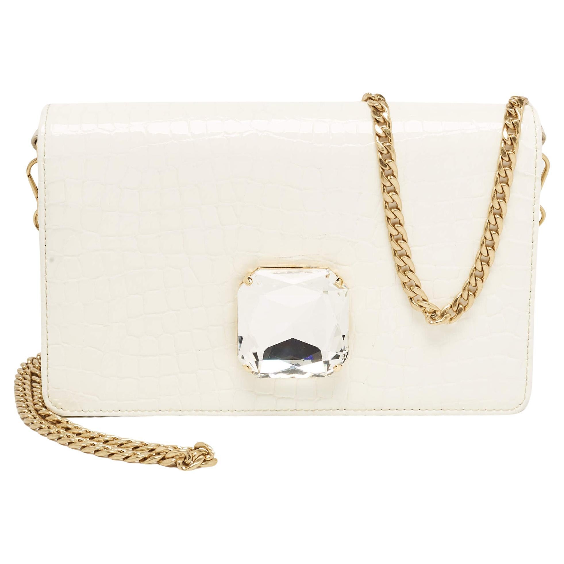 Miu Miu Off White Croc Embossed Leather Crystal Embellished Chain Clutch For Sale