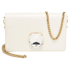 Miu Miu Off White Croc Embossed Leather Crystal Embellished Chain Clutch