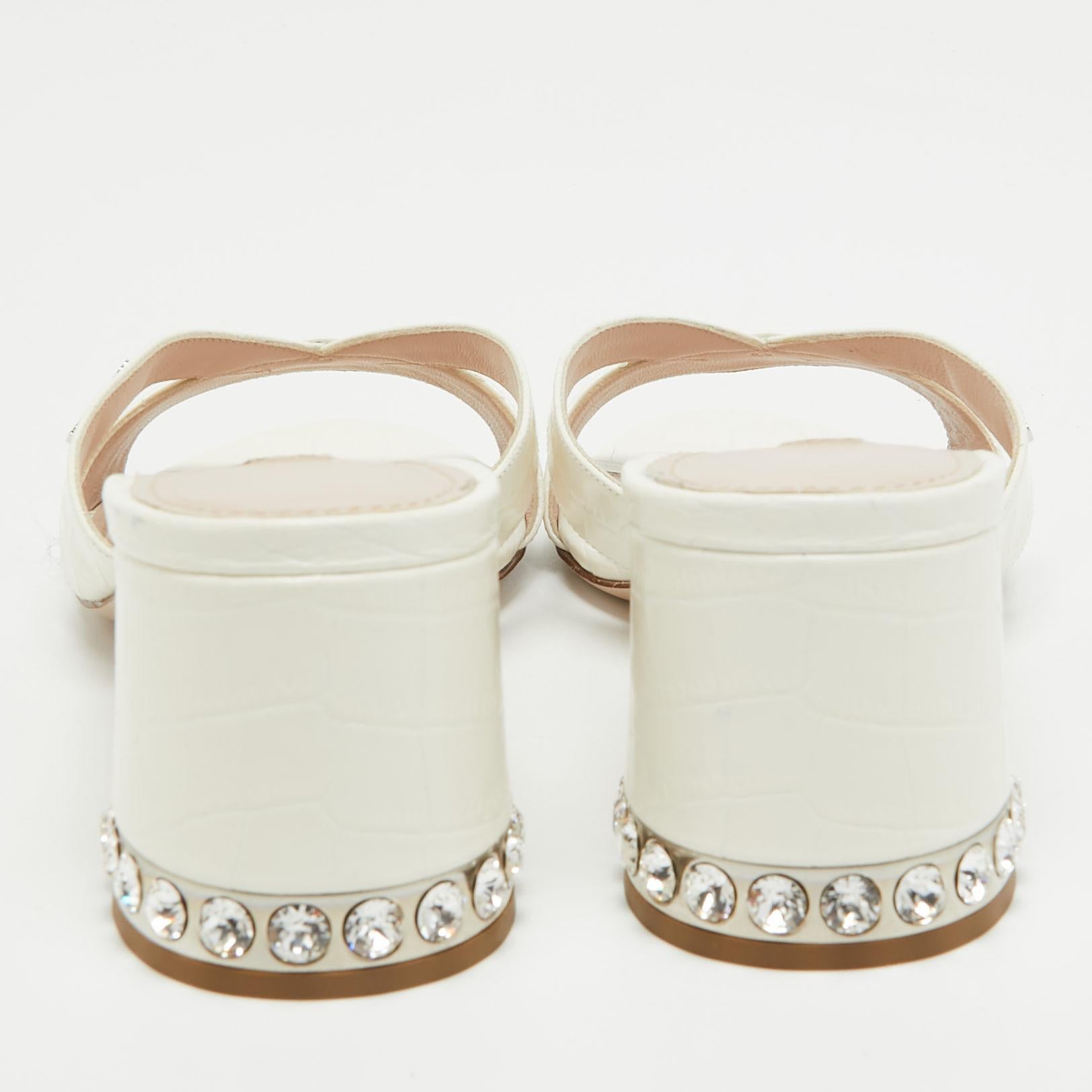 Women's Miu Miu Off White Embossed Croc Crystal Embellished Heel Slide Sandals Size 40
