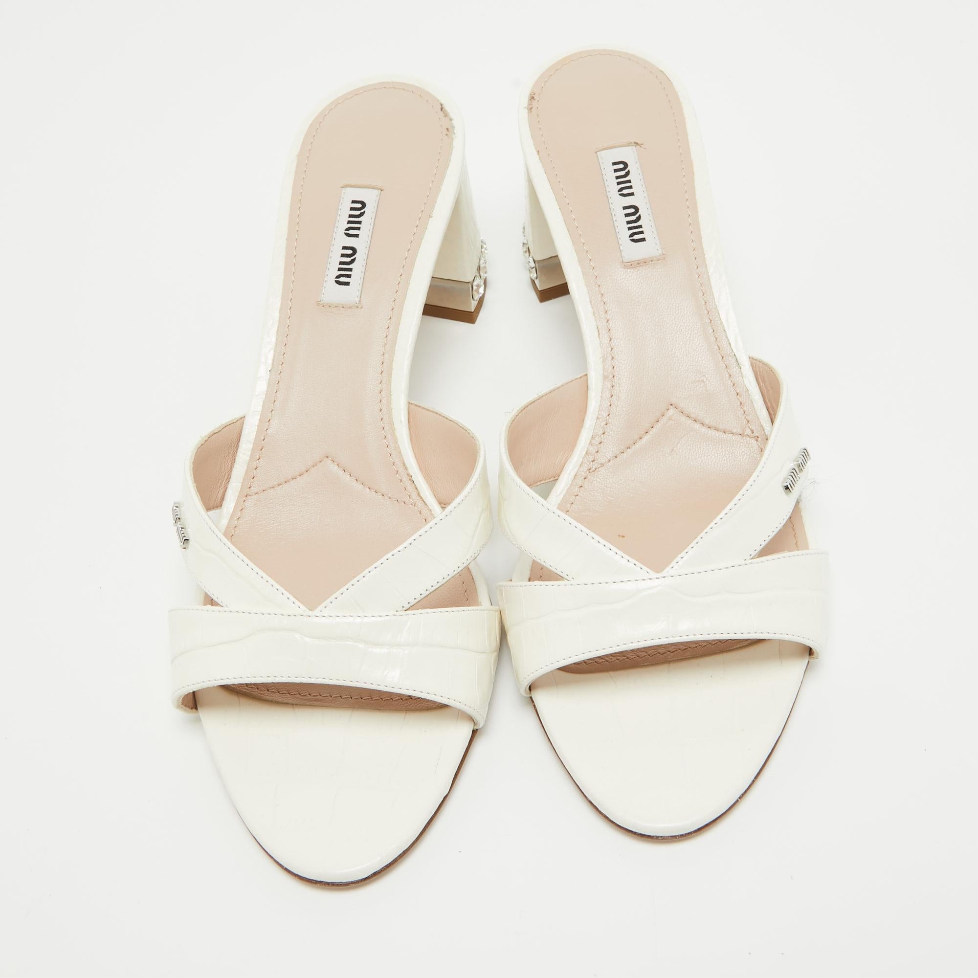 Miu Miu Off White Embossed Croc Crystal Embellished Heel Slide Sandals Size 40 1