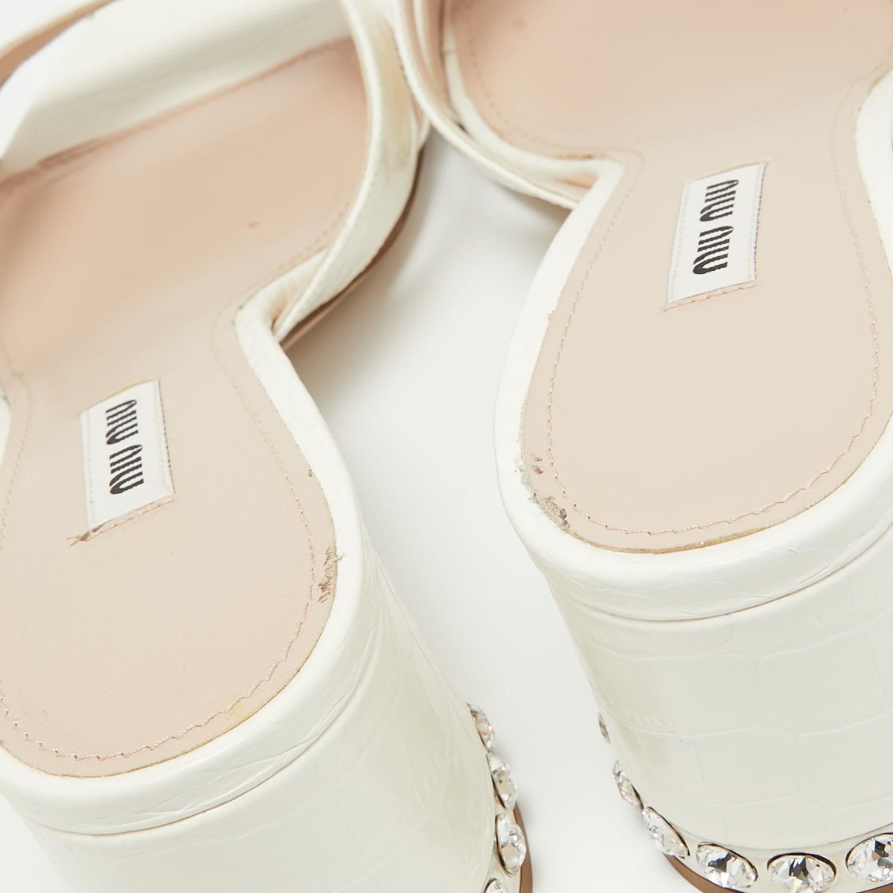 Miu Miu Off White Embossed Croc Crystal Embellished Heel Slide Sandals Size 40 5