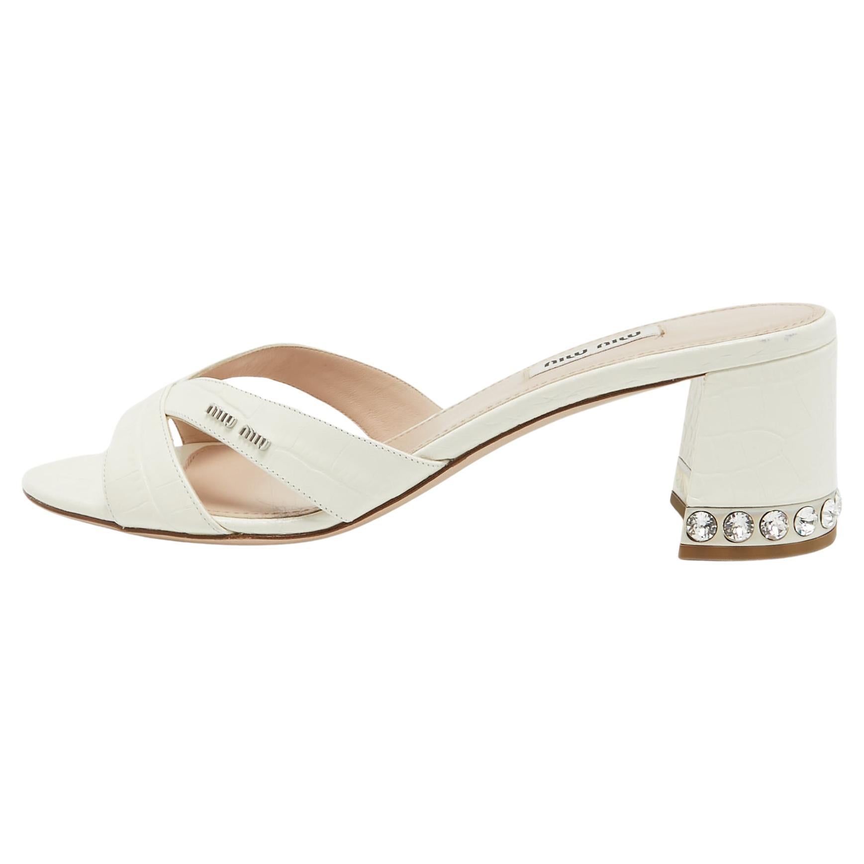 Miu Miu Off White Embossed Croc Crystal Embellished Heel Slide Sandals Size 40