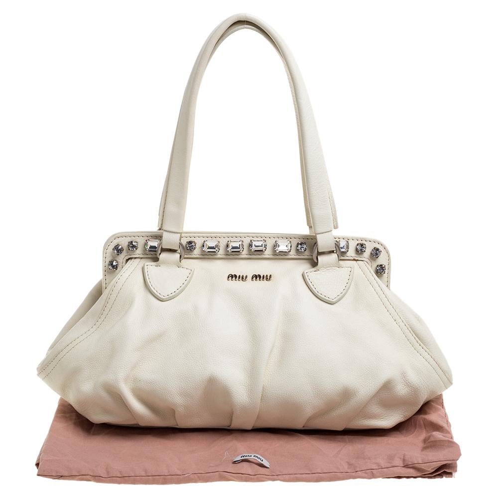 Miu Miu Off White Leather Crystal Embellished Satchel 7