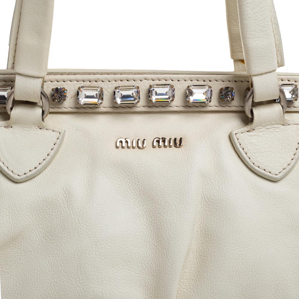 Women's Miu Miu Off White Leather Crystal Embellished Satchel