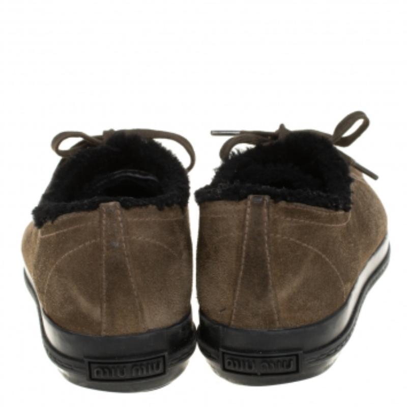 Black Miu Miu Olive Green Suede And Shearling Studded Cap Toe Sneakers Size 38 For Sale