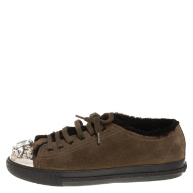 Women's Miu Miu Olive Green Suede And Shearling Studded Cap Toe Sneakers Size 38 For Sale