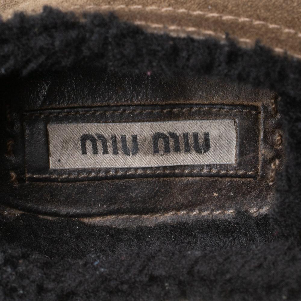 Black Miu Miu Olive Green Suede And Shearling Studded Cap Toe Sneakers Size 38 For Sale