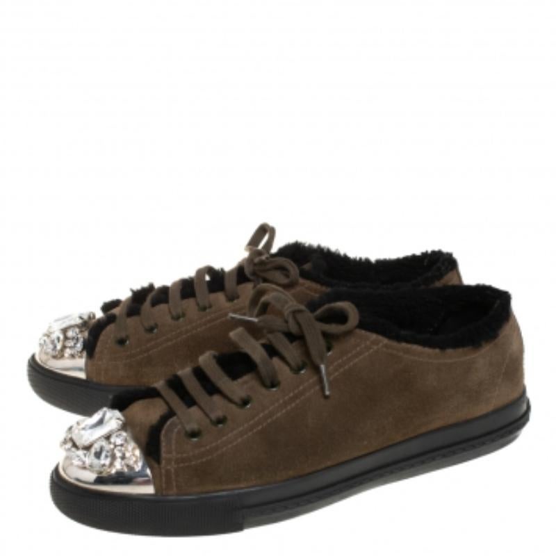 Miu Miu Olive Green Suede And Shearling Studded Cap Toe Sneakers Size 38 For Sale 1