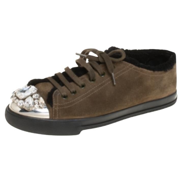 Miu Miu Olive Green Suede And Shearling Studded Cap Toe Sneakers Size 38 For Sale