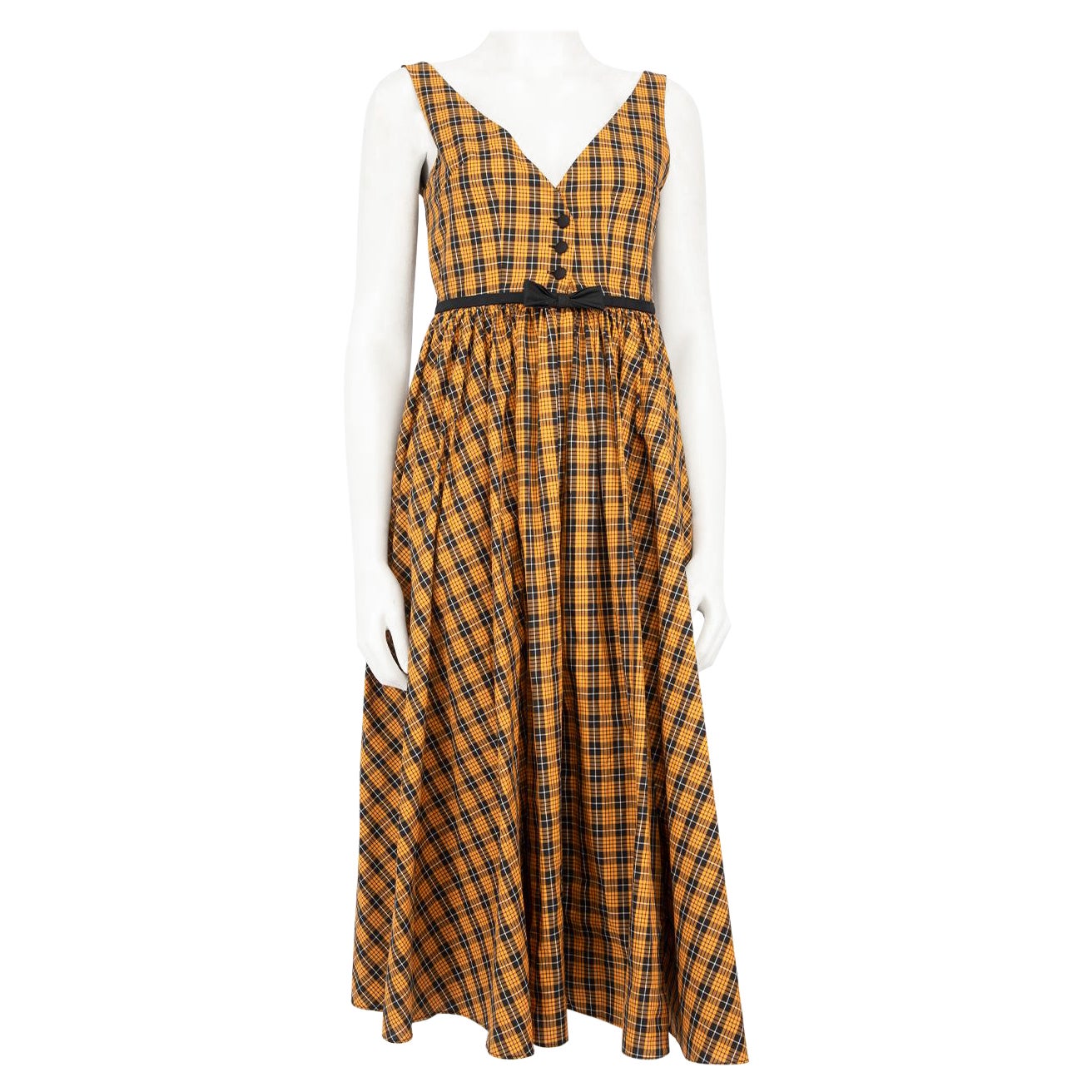 Miu Miu Orange 
Black Checkered V-Neck Midi Dress Size XS