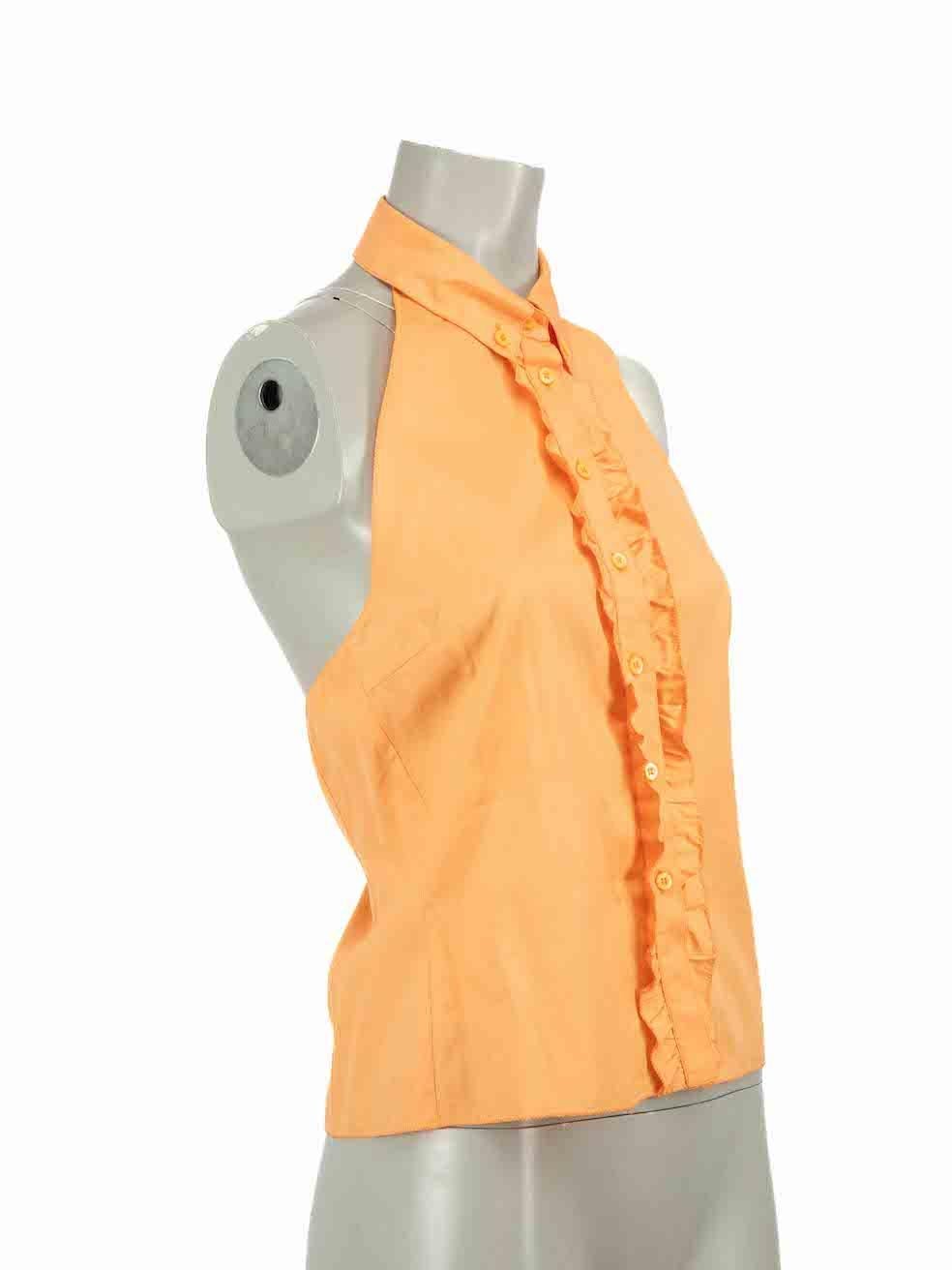 CONDITION is Very good. Hardly any visible wear to top is evident on this used Miu Miu designer resale item.
 
Details
Orange
Cotton
Top
Halterneck
Cropped
Open back
Sleeveless
Button fastening
Ruffle detail

Made in Italy
 
Composition
100% Cotton

