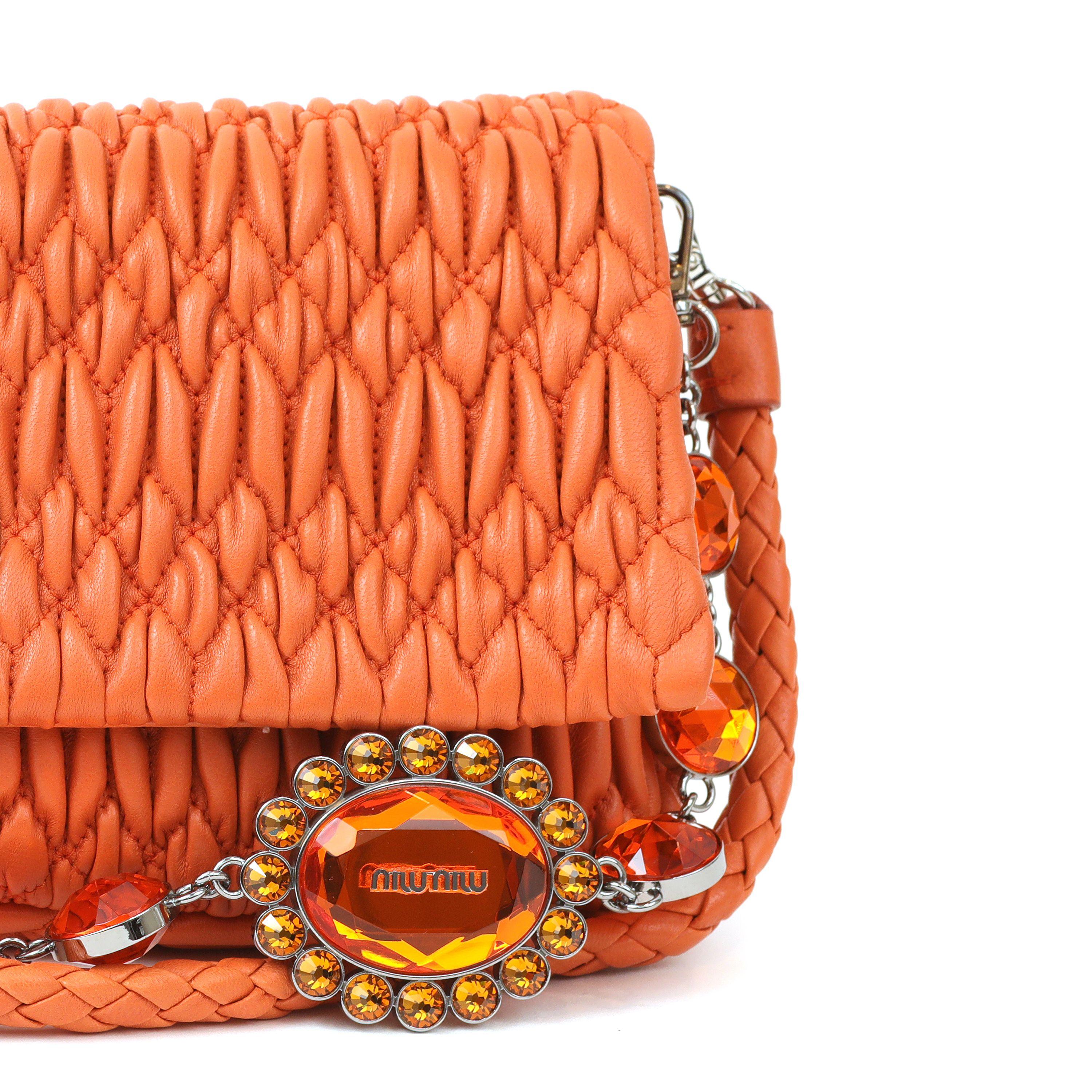 Miu Miu Orange Iconic Crystal Cloquè Small Bag with Silver Hardware In Excellent Condition For Sale In Palm Beach, FL