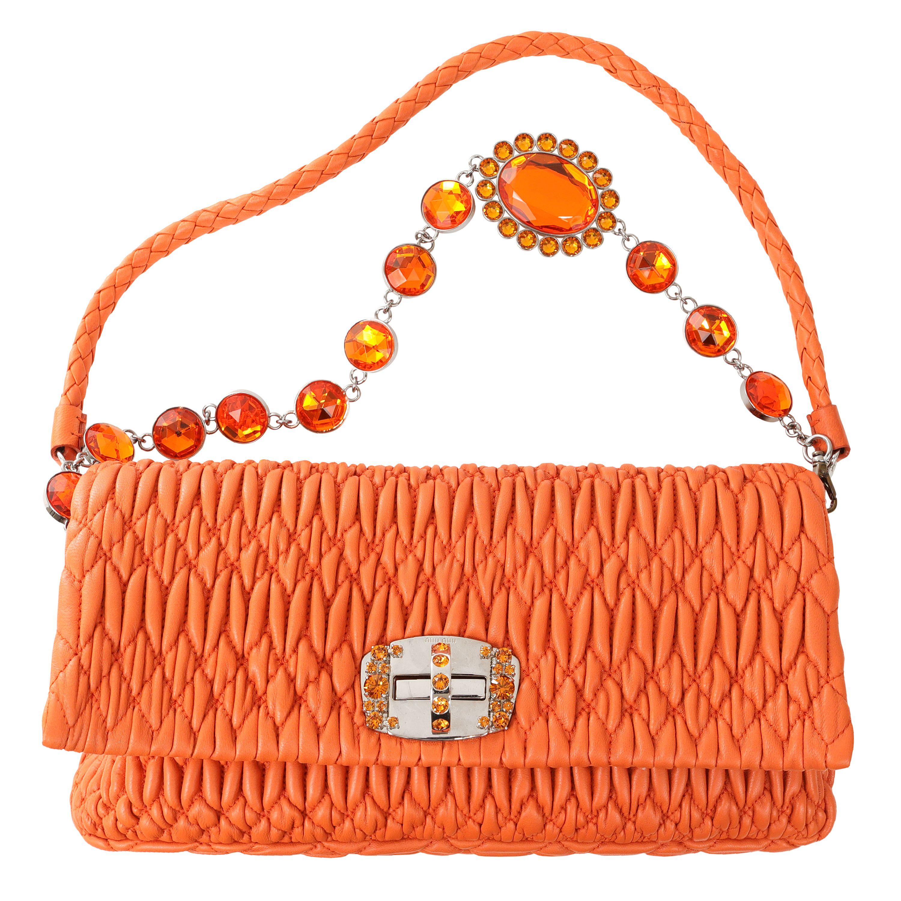 Women's Miu Miu Orange Iconic Crystal Cloquè Small Bag with Silver Hardware For Sale