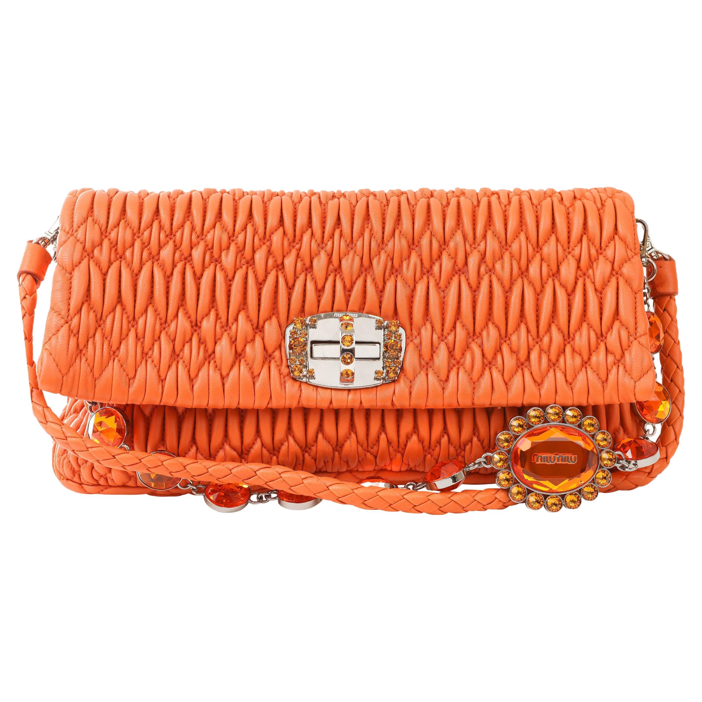Miu Miu Orange Iconic Crystal Cloquè Small Bag with Silver Hardware en vente
