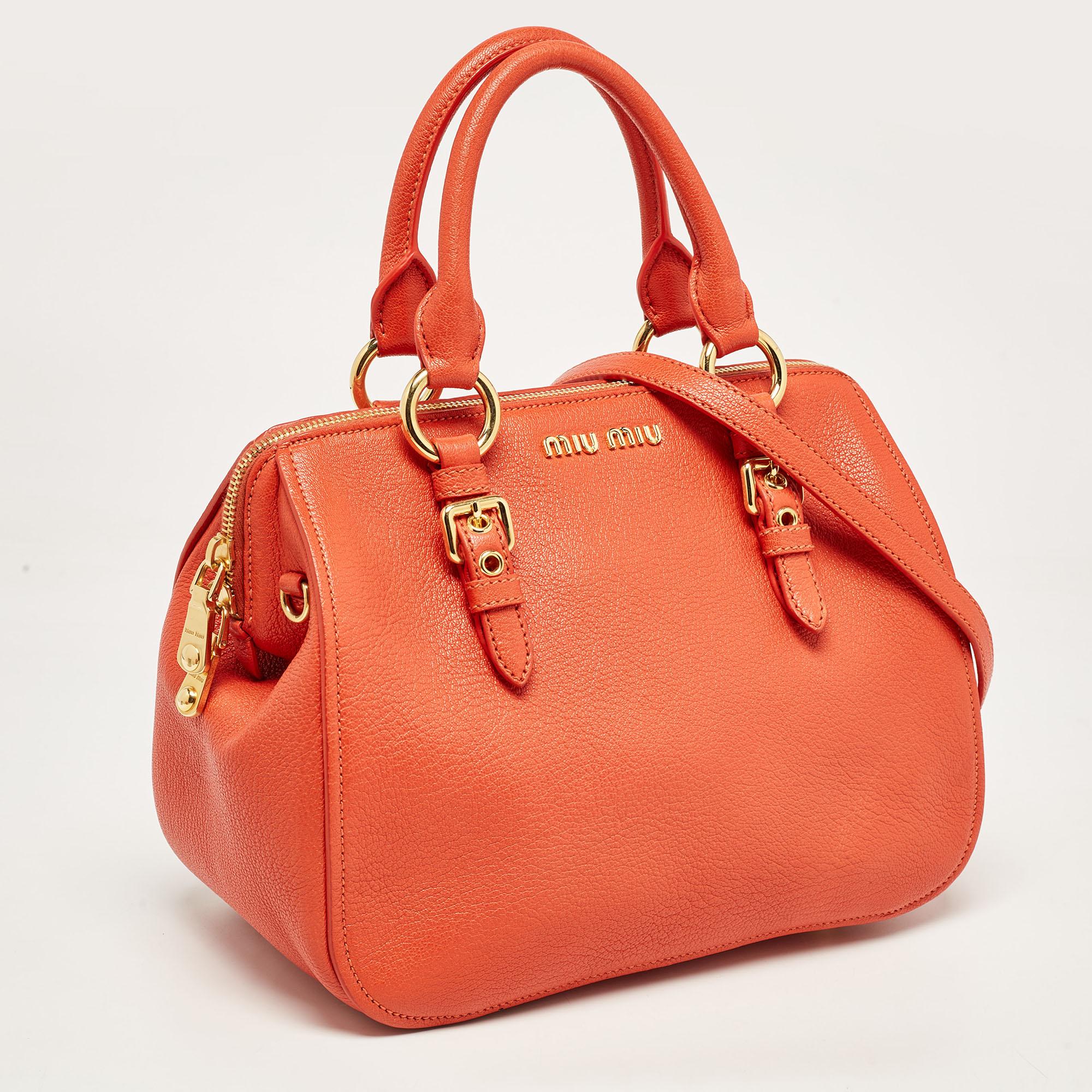 Miu Miu Orange Madras Leather Baulleto Bag In Excellent Condition For Sale In Dubai, Al Qouz 2