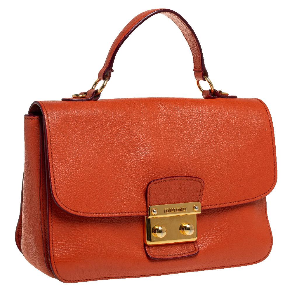 Red Miu Miu Orange Madras Leather Push Lock Flap Top Handle Bag