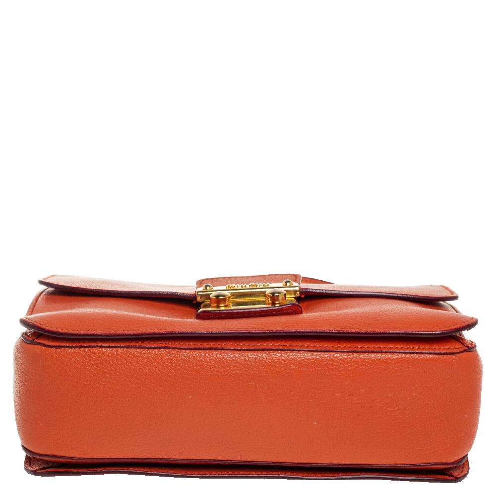 Miu Miu Orange Madras Leather Push Lock Flap Top Handle Bag In Good Condition In Dubai, Al Qouz 2