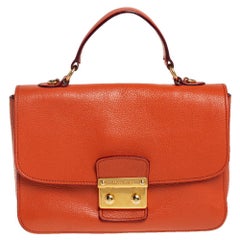 Miu Miu Orange Madras Leather Push Lock Flap Top Handle Bag