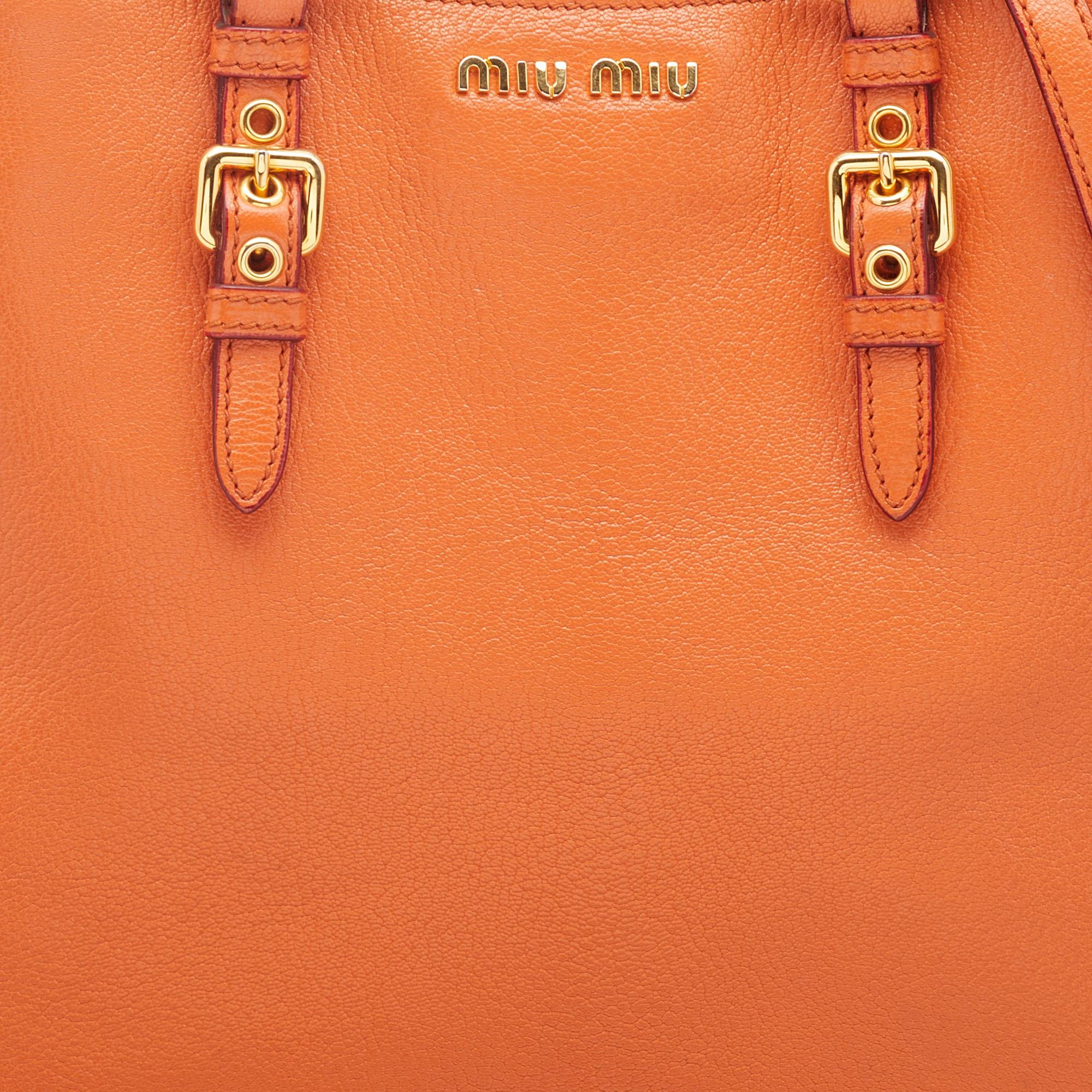 Miu Miu Orange Madras Leather Shopping Tote 1