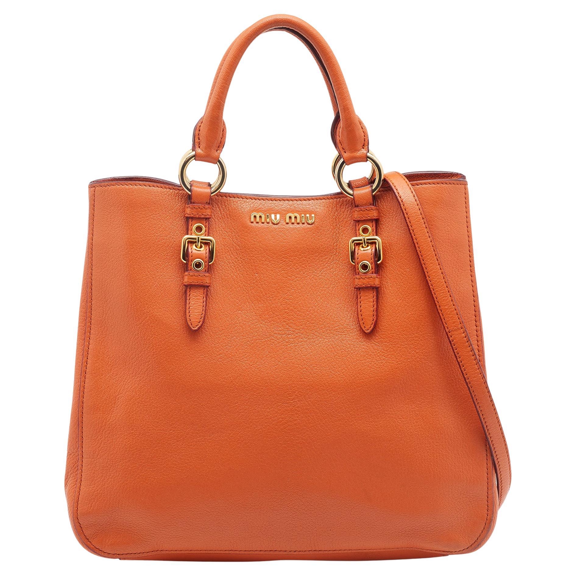 Miu Miu Orange Leather Large Madras Tote at 1stDibs