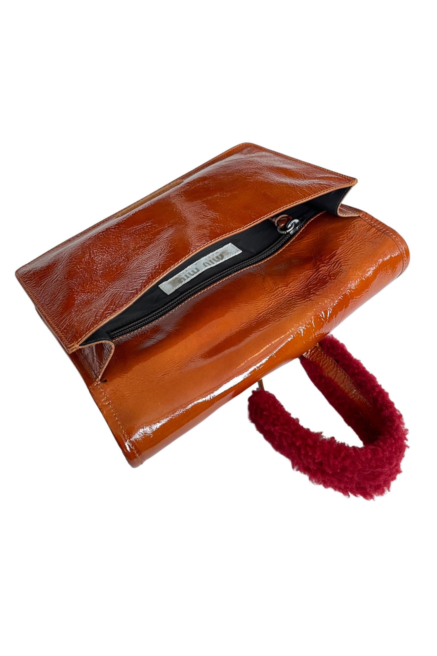 Women's Miu Miu Orange Patent & Red Shearling Bag For Sale