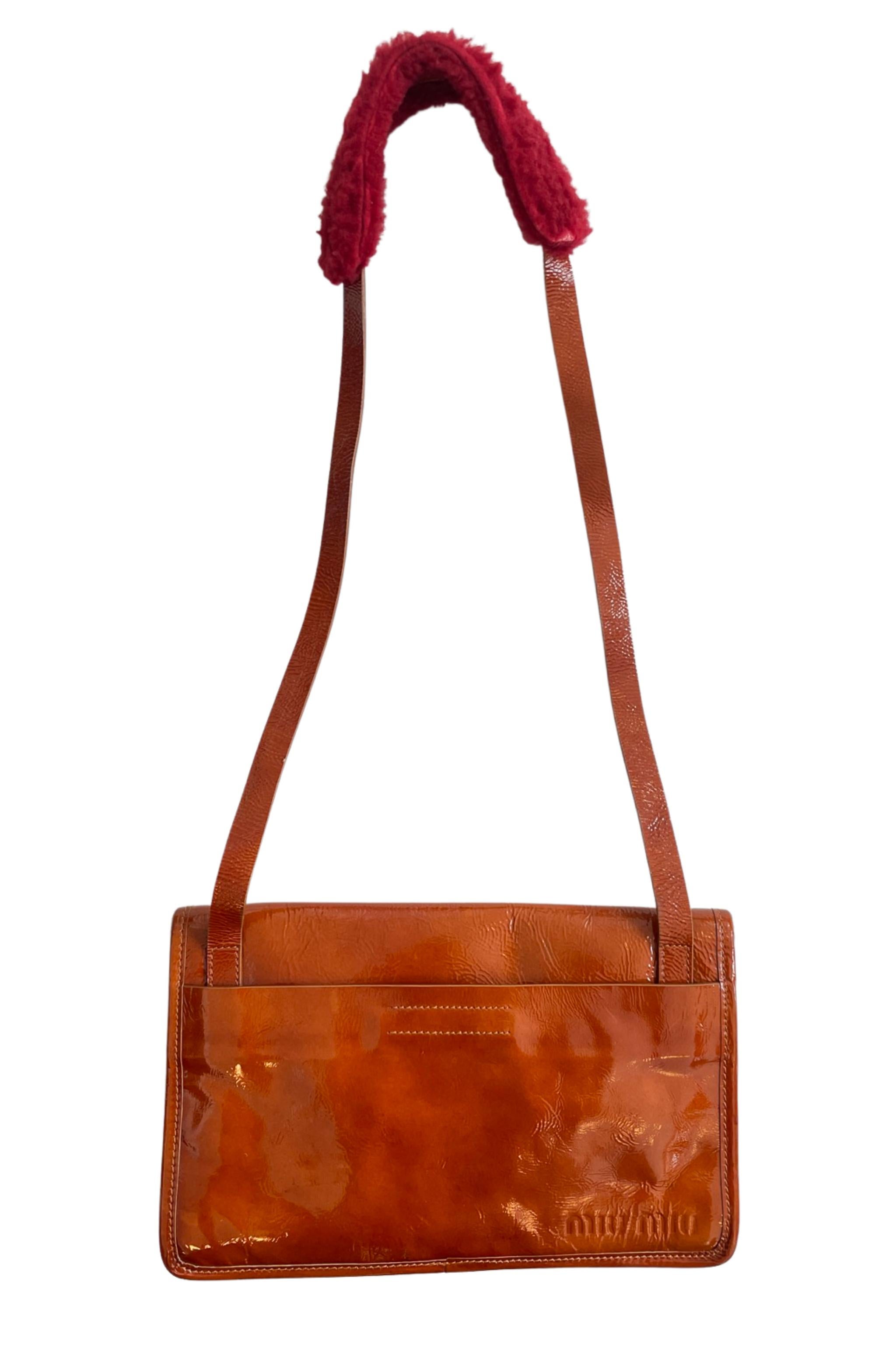 Miu Miu Orange Patent & Red Shearling Bag For Sale 2