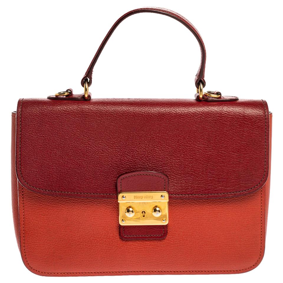 Miu Miu Orange/Red Madras Leather Push Lock Flap Top Handle Bag