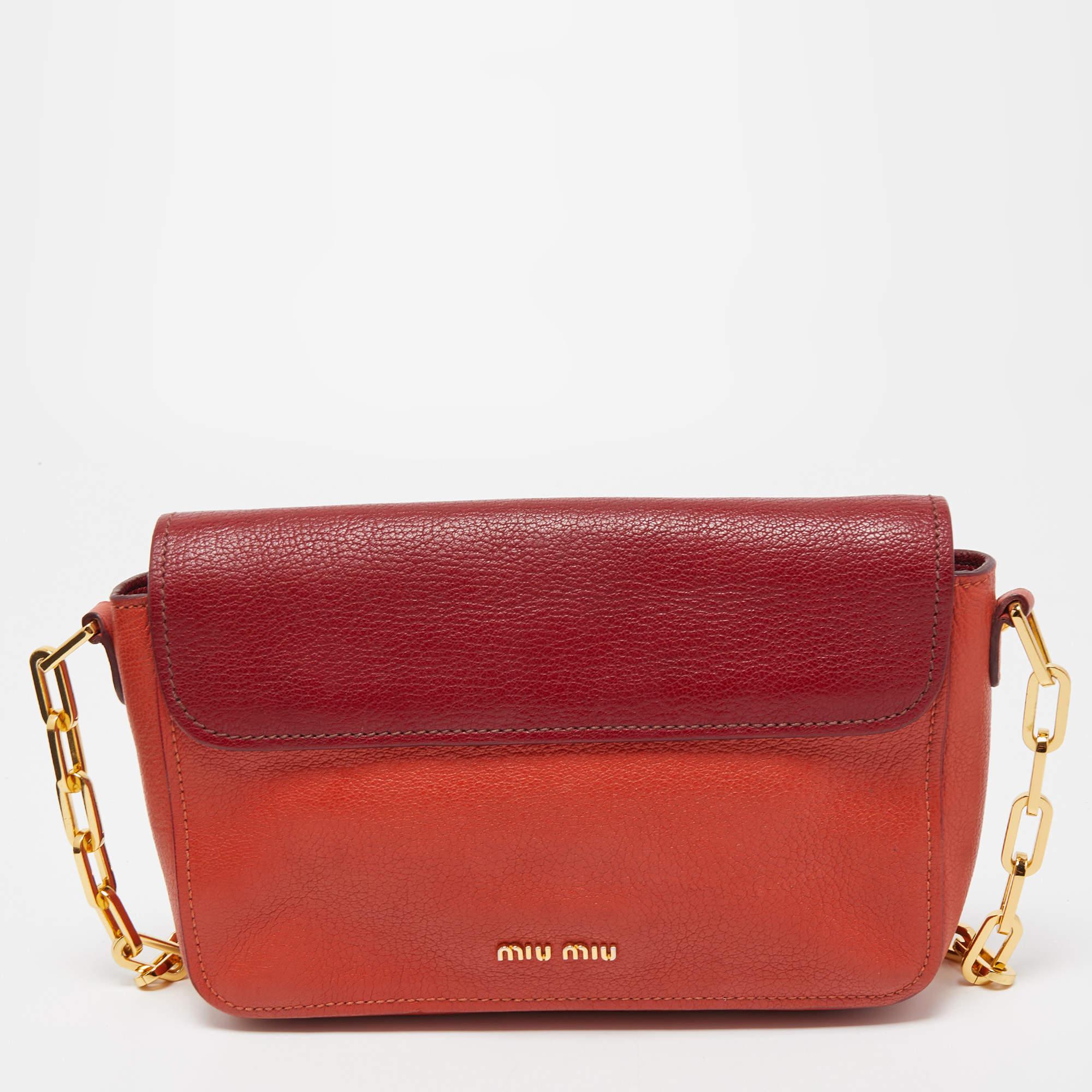 Miu Miu Orange/Red Madras Leather Pushlock Flap Chain Shoulder Bag 1