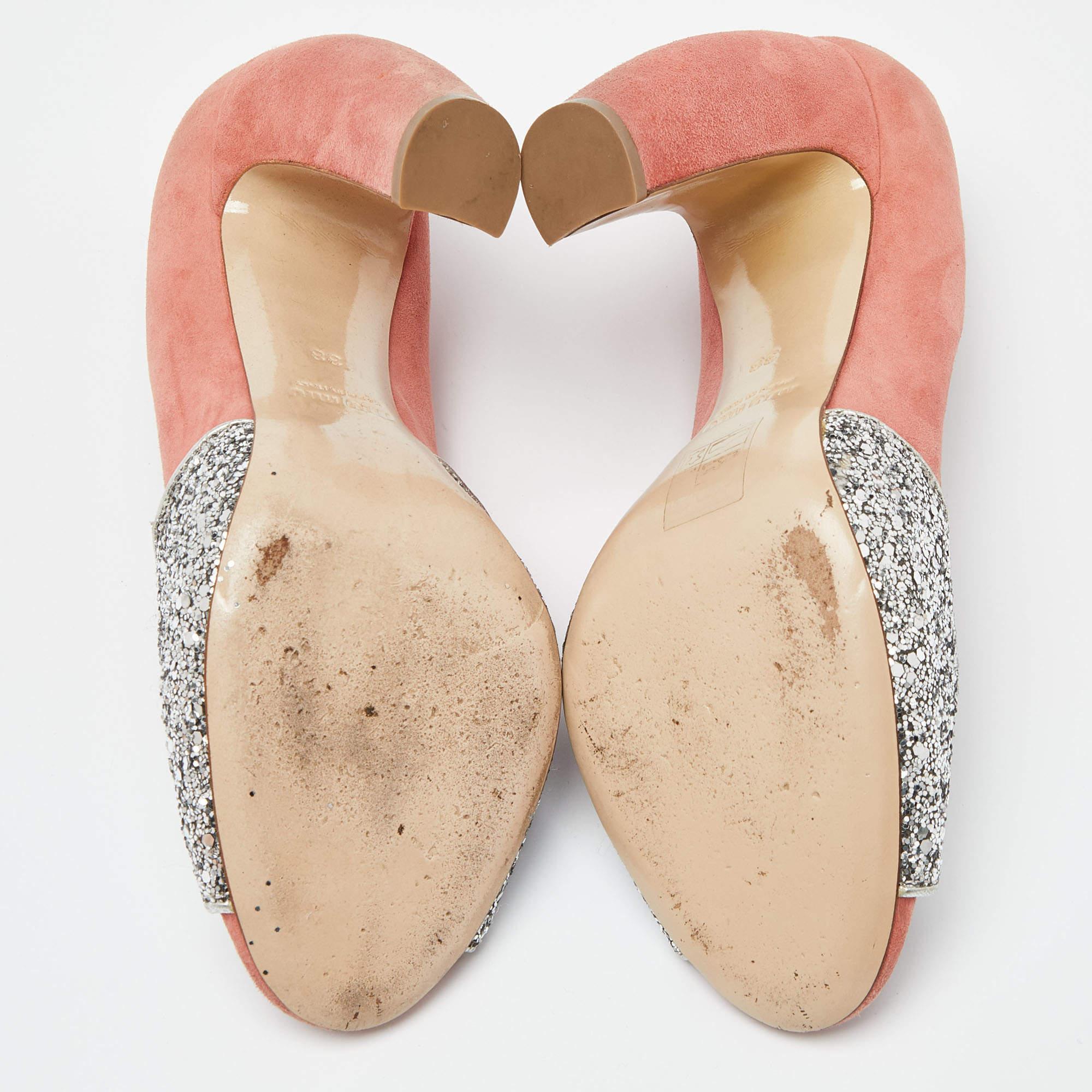 Miu Miu arancione/argento, camoscio e glitter, punta aperta, taglia 38 in vendita 1