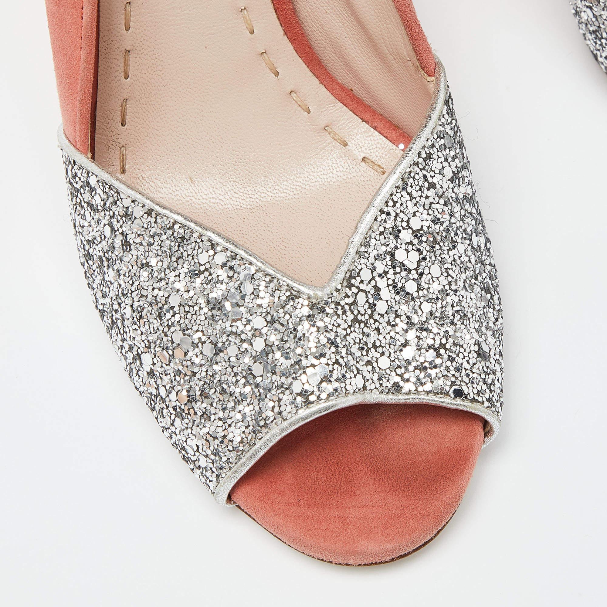 Miu Miu arancione/argento, camoscio e glitter, punta aperta, taglia 38 in vendita 2