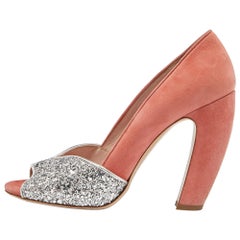 Miu Miu Orange/Silver Suede and Glitter Open Toe Pumps Size 38
