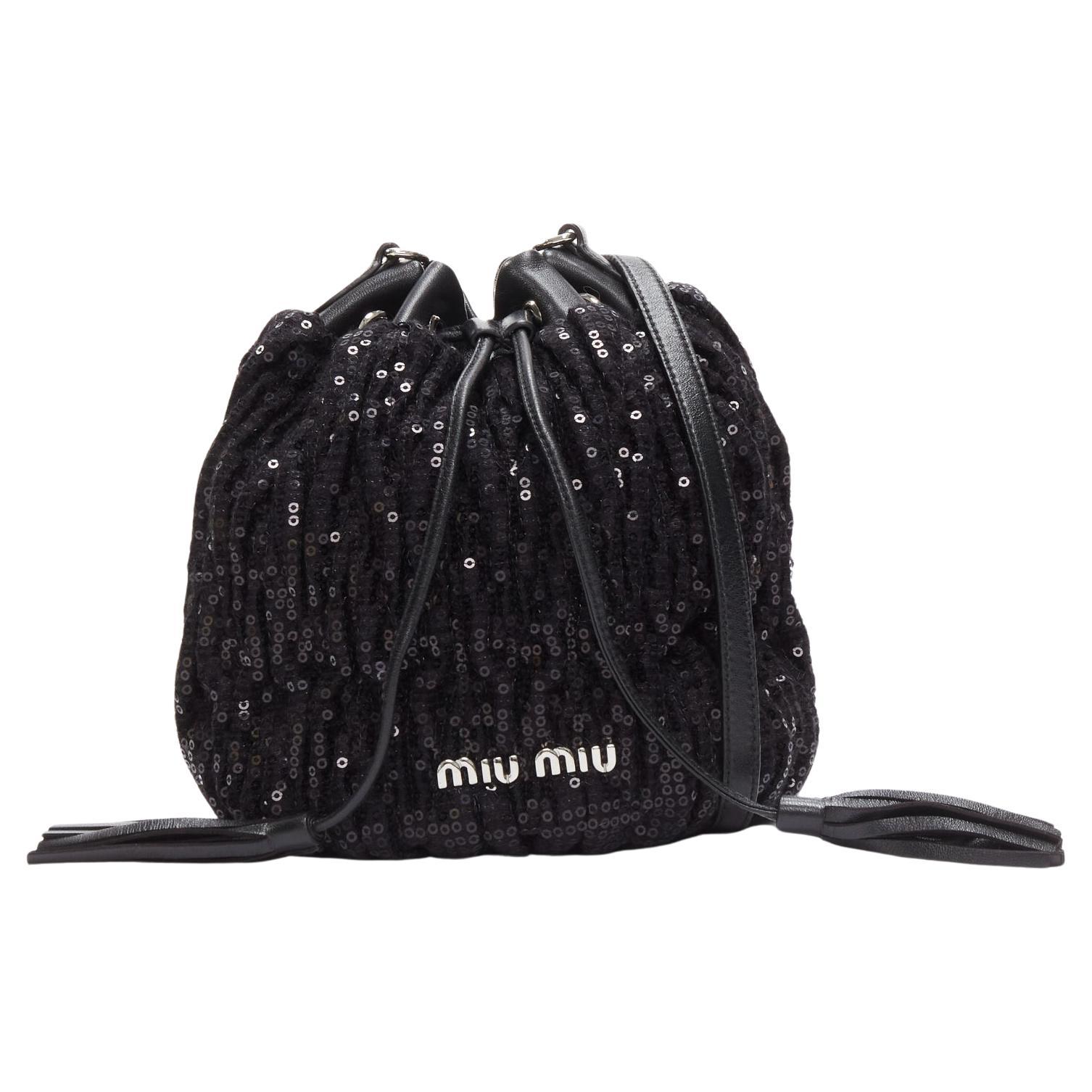 MIU MIU Pailettes Mate black sequins matelasse crossbody bucket bag