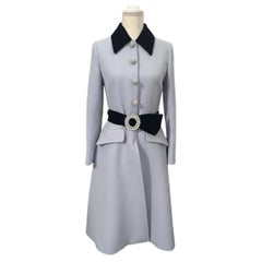 Miu Miu Pale Blue Black Velvet-Trimmed Virgin Wool Crepe Coat