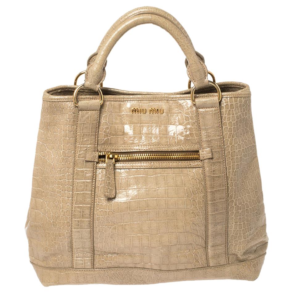 Miu Miu Pale Green Croc Embossed Patent Leather Front Zip Tote For Sale
