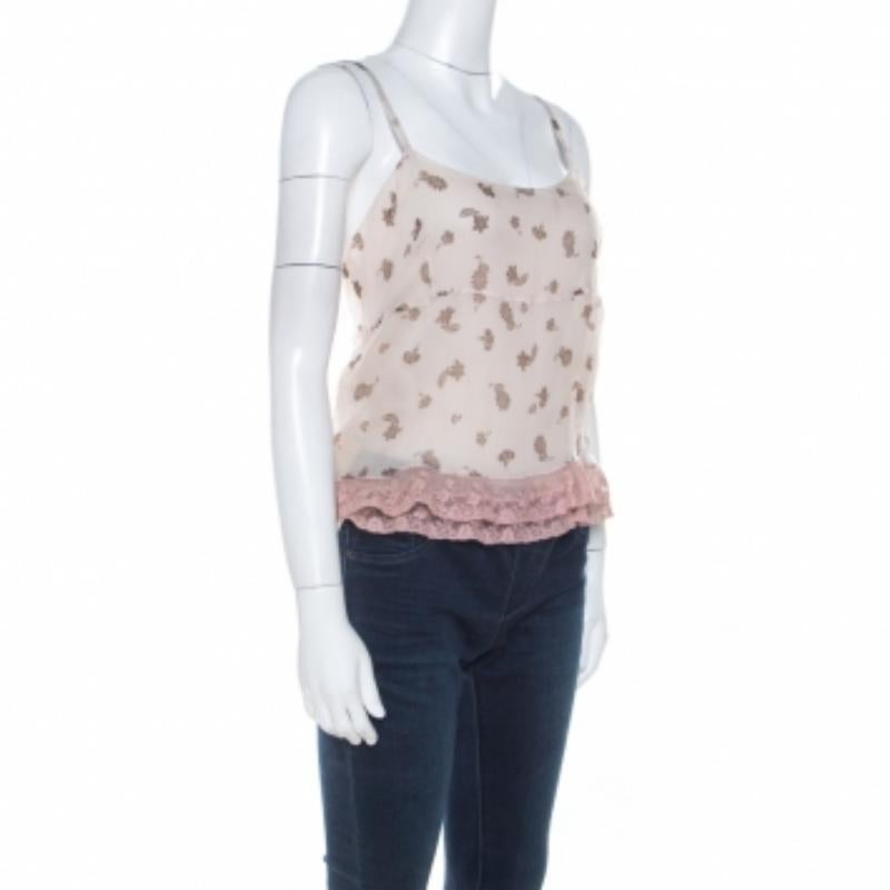 Miu Blassrosa Camisole-Top aus Seidenchiffon und geraffter Spitze mit Spitze M im Angebot 2