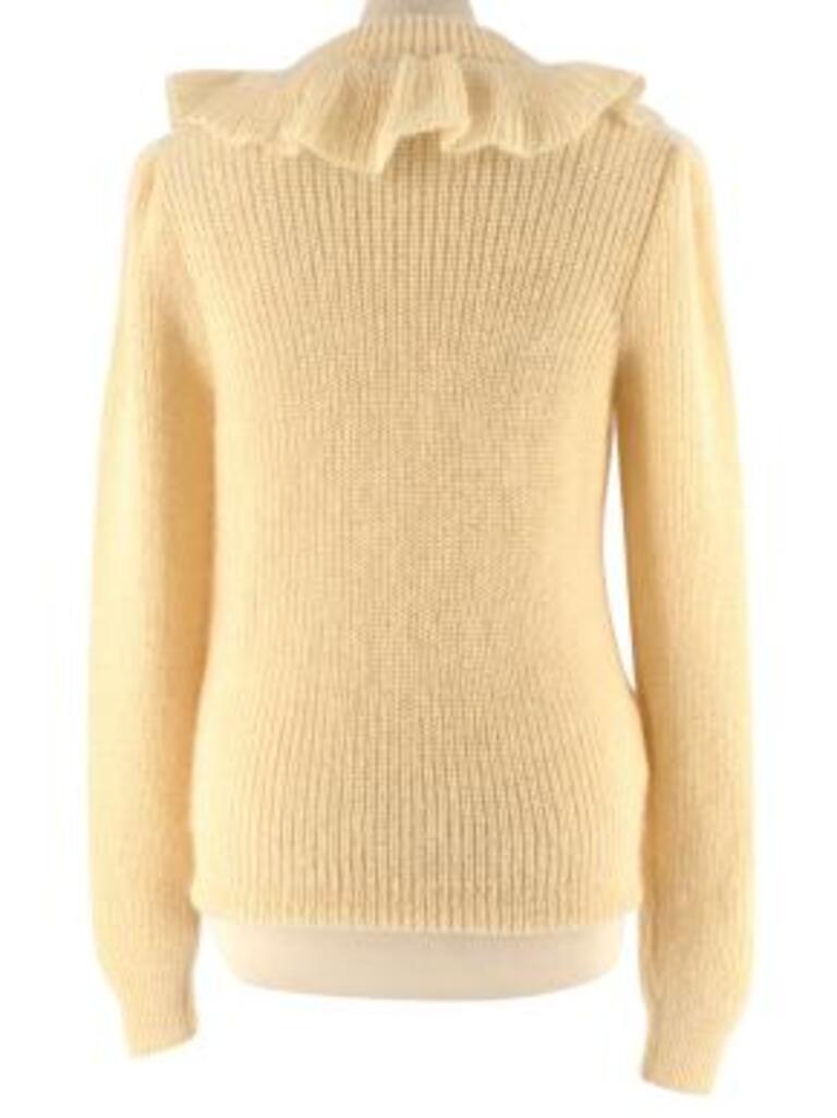Miu Miu Pale Yellow Mohair Blend Frill Neck Jumper
 

 - Mohair blend pale yellow chunky knit jumper
 - Loose rib fuzzy mohair knit
 - Round neck with frill all the way round 
 - Ribbed trims
 

 Made in Italy
 67% mohair, 28% polyamide, 5% wool
