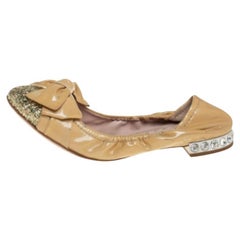 Miu Miu Patent Leather Bow Detail Embellished Heel Scrunch Ballet Flats Size38.5