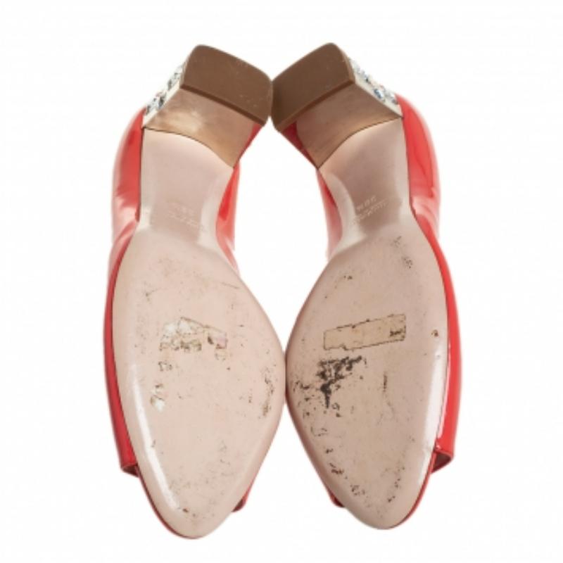 Miu Miu Patent Leather Crystal Embellished Block Heel Peep Toe Pumps Size 38.5 For Sale 1