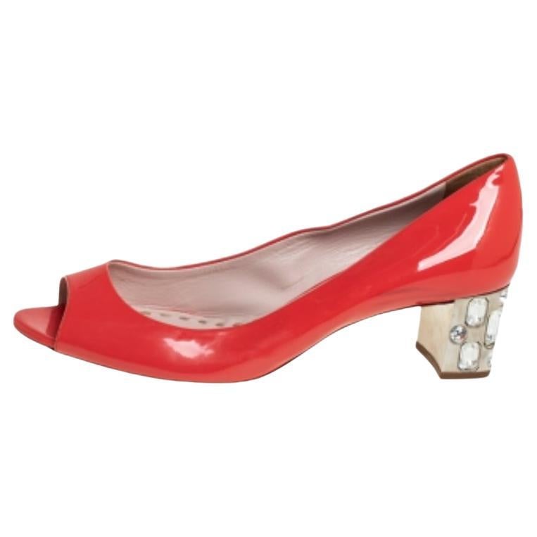 Miu Miu Patent Leather Crystal Embellished Block Heel Peep Toe Pumps Size 38.5 For Sale