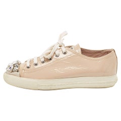 Miu Miu Patent Leather Crystal Embellished Cap Toe Low Top Sneakers Size 36