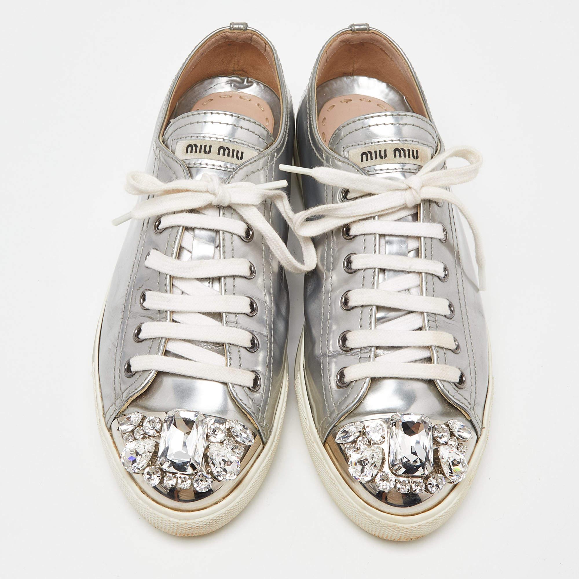 Gray Miu Miu Patent Leather Crystal Embellished Cap-Toe Low-Top Sneakers Size 38.5