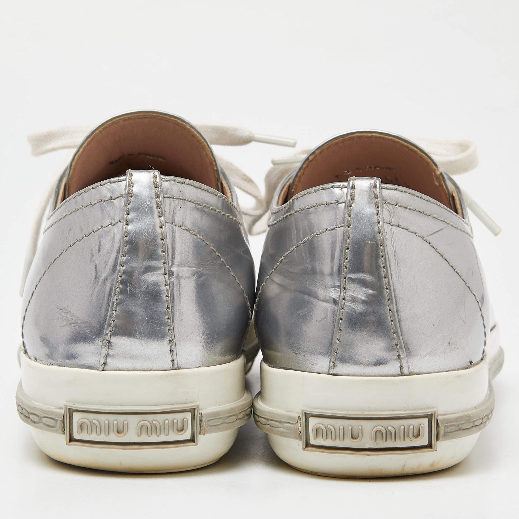 Women's Miu Miu Patent Leather Crystal Embellished Cap-Toe Low-Top Sneakers Size 38.5