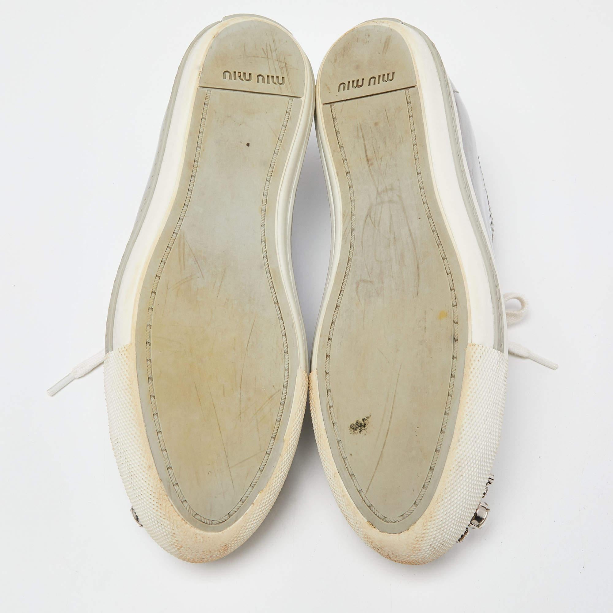 Miu Miu Patent Leather Crystal Embellished Cap-Toe Low-Top Sneakers Size 38.5 1