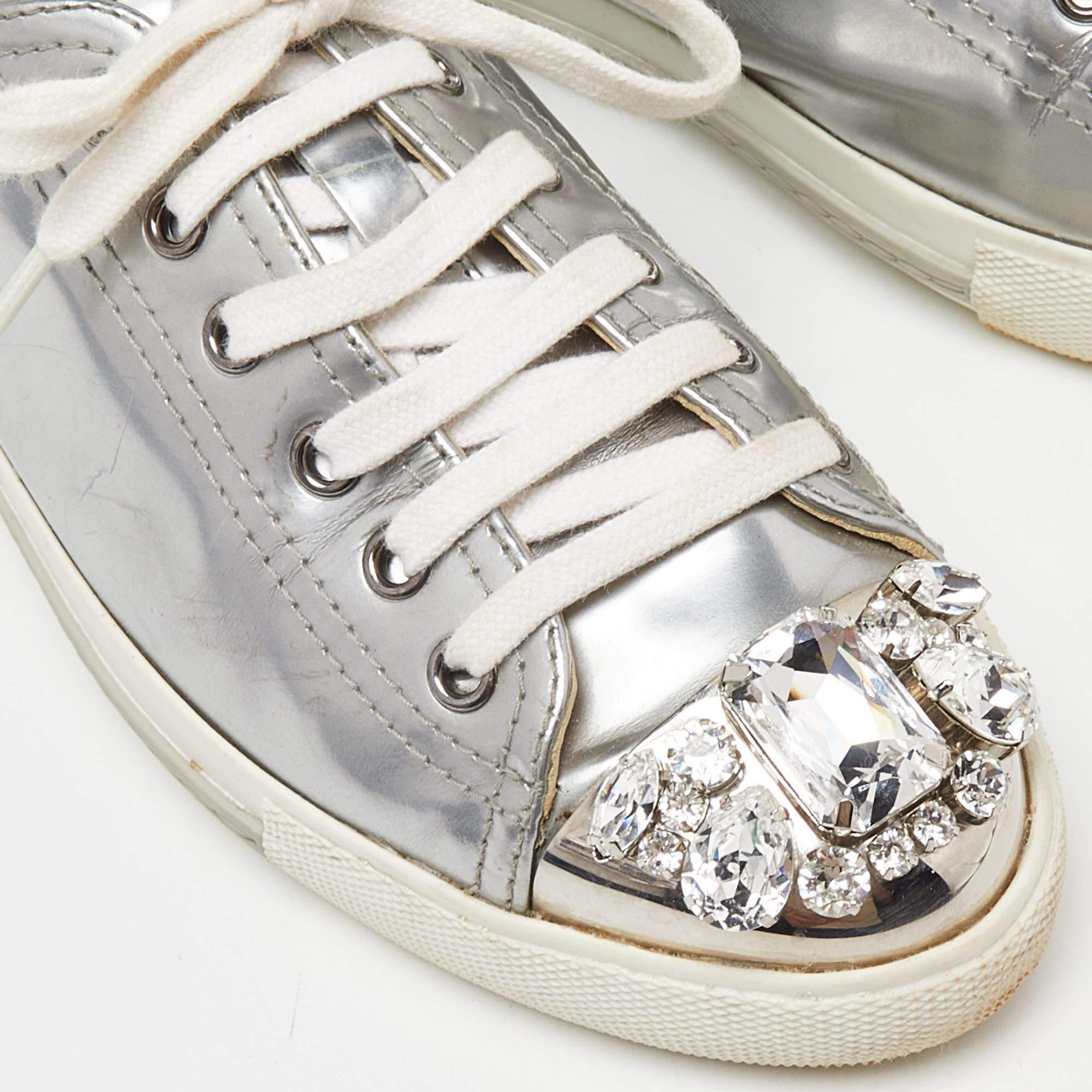 Miu Miu Patent Leather Crystal Embellished Cap-Toe Low-Top Sneakers Size 38.5 2